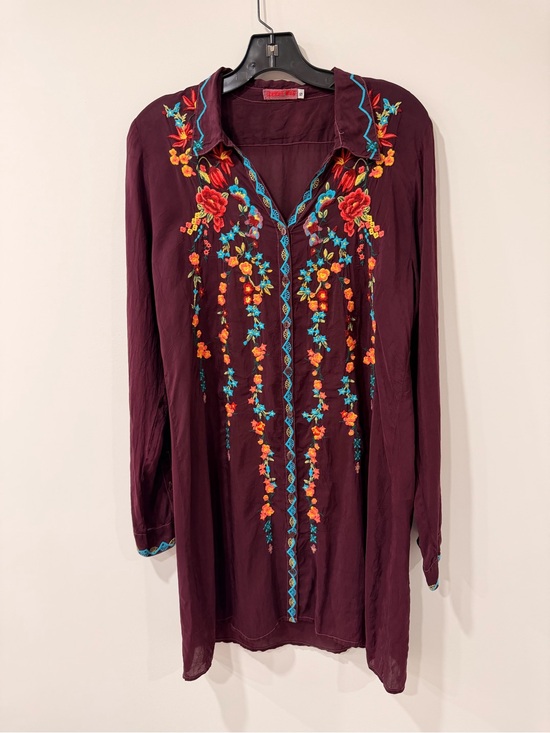 Johnny Was Tops - Johnny Was Plum Embroidered Floral Boho Tunic Dress 100% Cupra Rayon Size Small